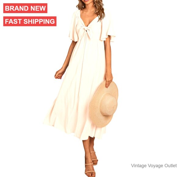 Summer Midi Dress V Neck Short Sleeve Ruffle Bow Tie Flowy Casual